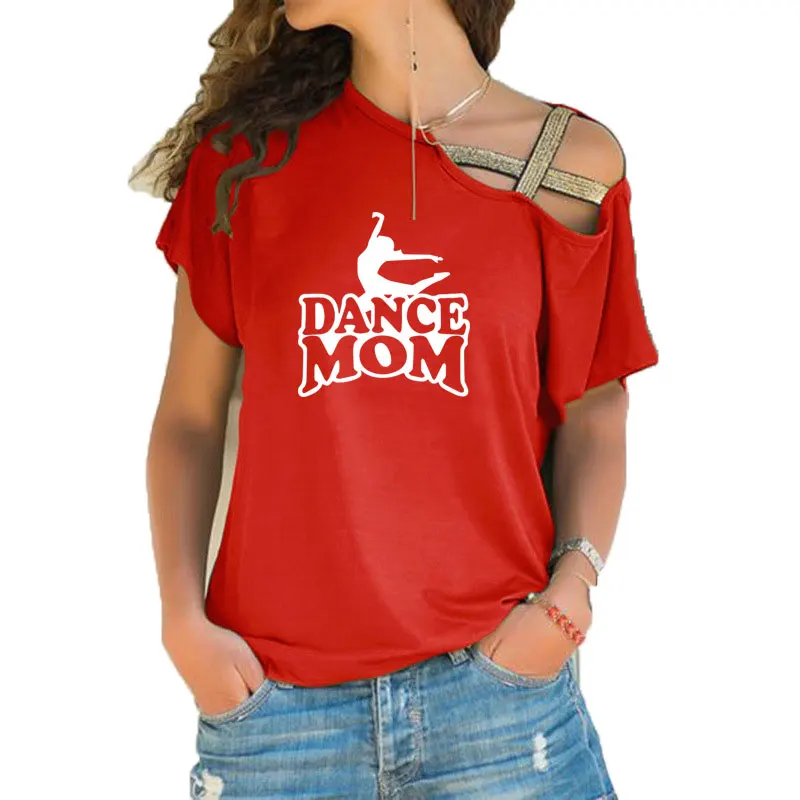Women Dance Mom graphic t shirt Women\'s Short Sleeve fashion new tshirt Irregular Skew Cross Bandage tee tops