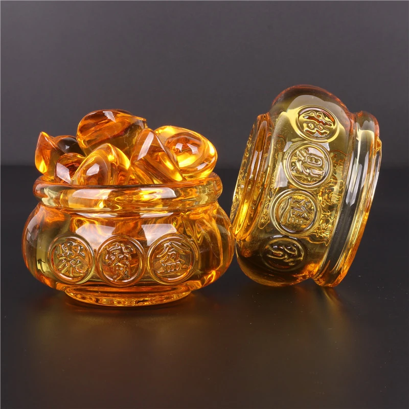 Feng Shui Chinese Crystal Gold Ingots, Yellow Wealth, Cornucopia Treasure Bowl, Statue Decoration