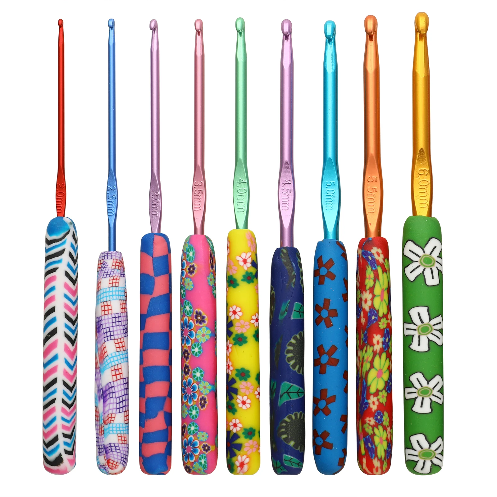 Russian Style 9 Pcs Crochet Hooks Needles Ergonomic 2.0-6.0MM Crochet Nedles Flower Pattern Knitting Needles Hook for Any Yarn