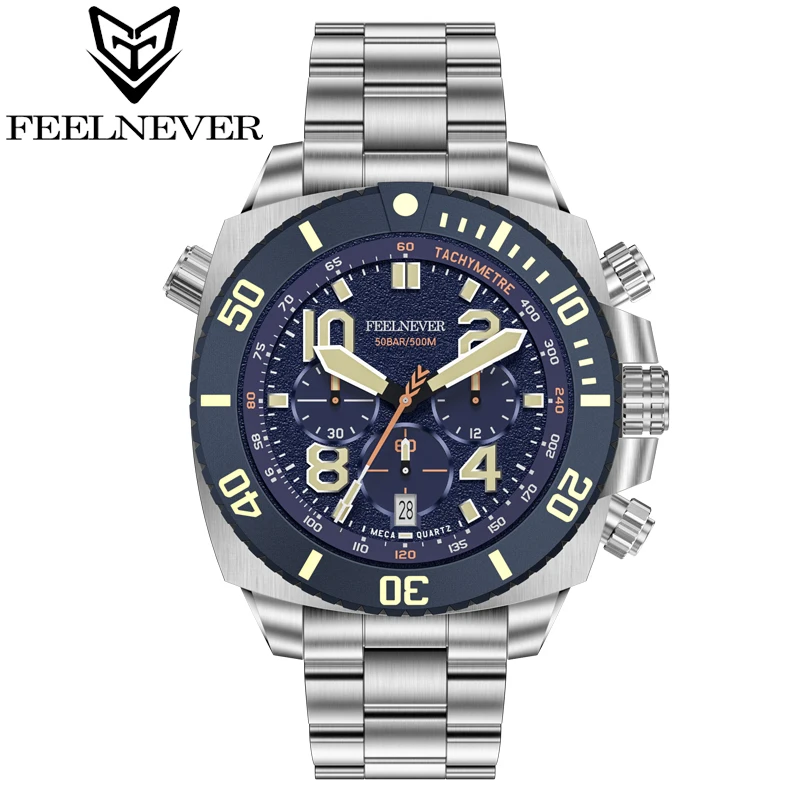 FeelNever Sport Dive Quartz Watch For Men 316L Stainless Steel Sapphire Big Dial Mens Watches 500M Waterproof Clock Reloj Hombre