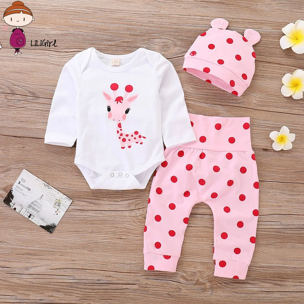 LILIGRIL Baby Girl Clothes Polka Dot Newborn Baby Girl Outfits Set Cute Giraffe Infant Girl Clothing With Hat Spring Autumn New