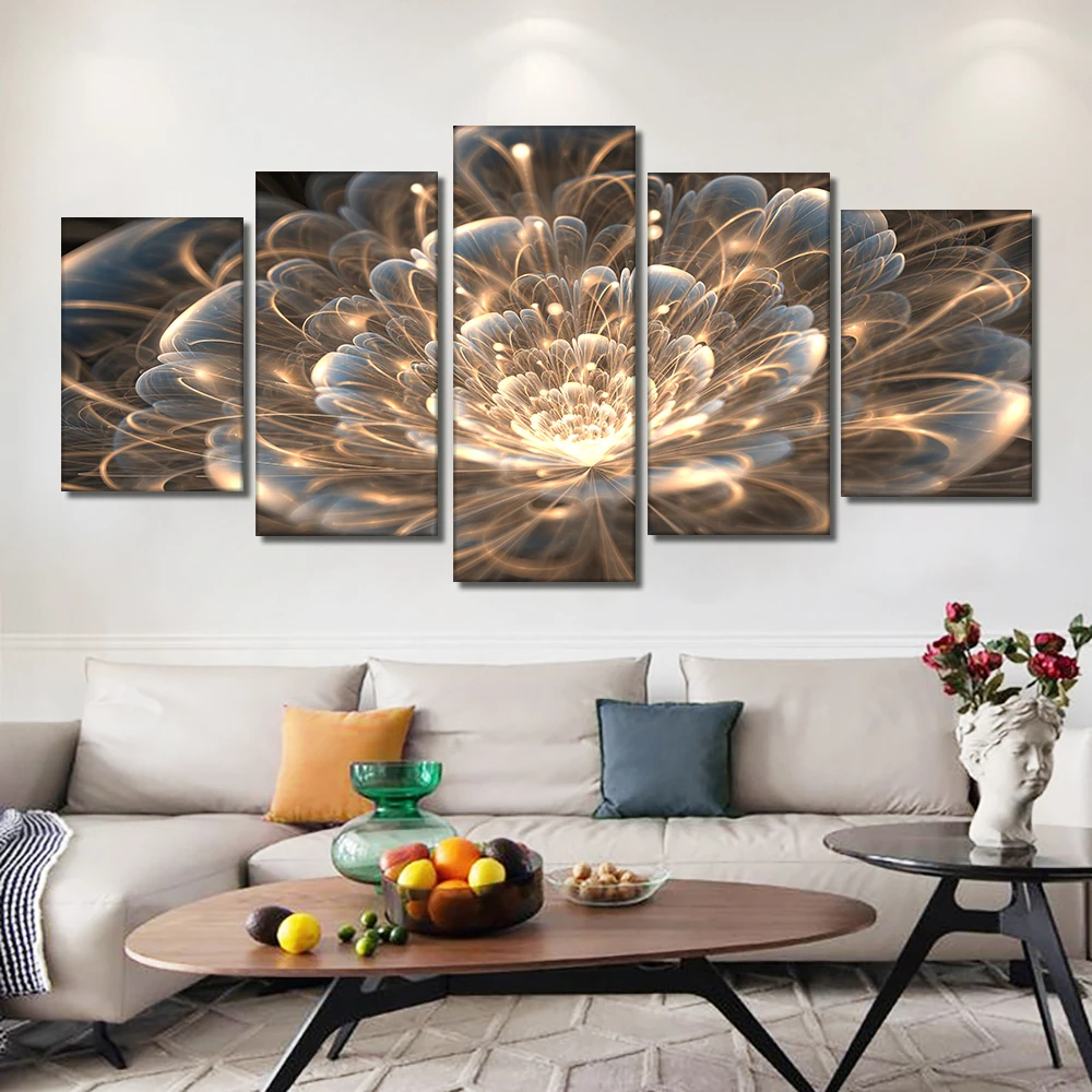 

5pcs Set Abstract Transparent Golded Flowers Canvas Painting Modern Flower Posters And Prints Wall Art Picture For Home Decor