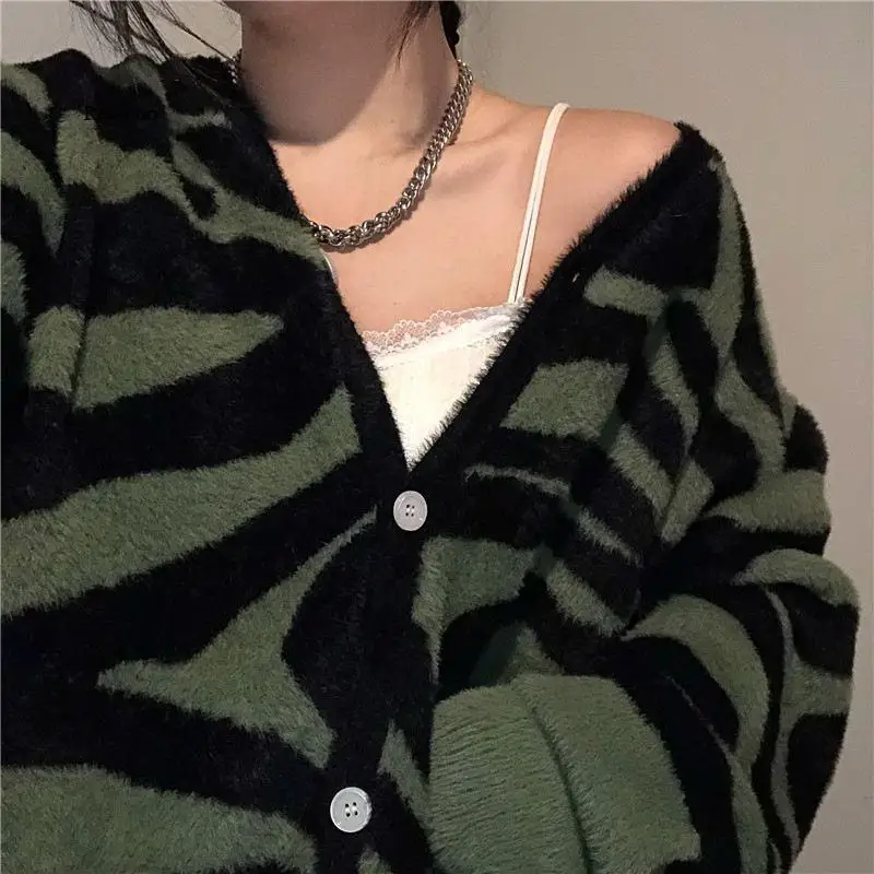 Women Cardigan Zebra Pattern V-neck Loose Casual All-match Single Breasted Knitted Sweater Korean Style Autumn Outwear