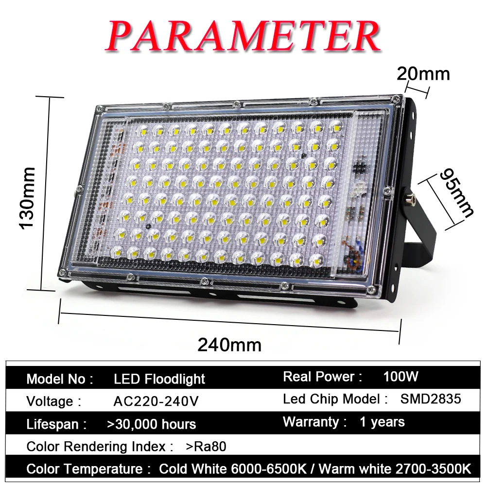 100W Flood Light LED Floodlight AC 220V IP65 Wall Lamp Outdoot Lighting Spotlight Street Lamp Projector LED Spot Garden Light