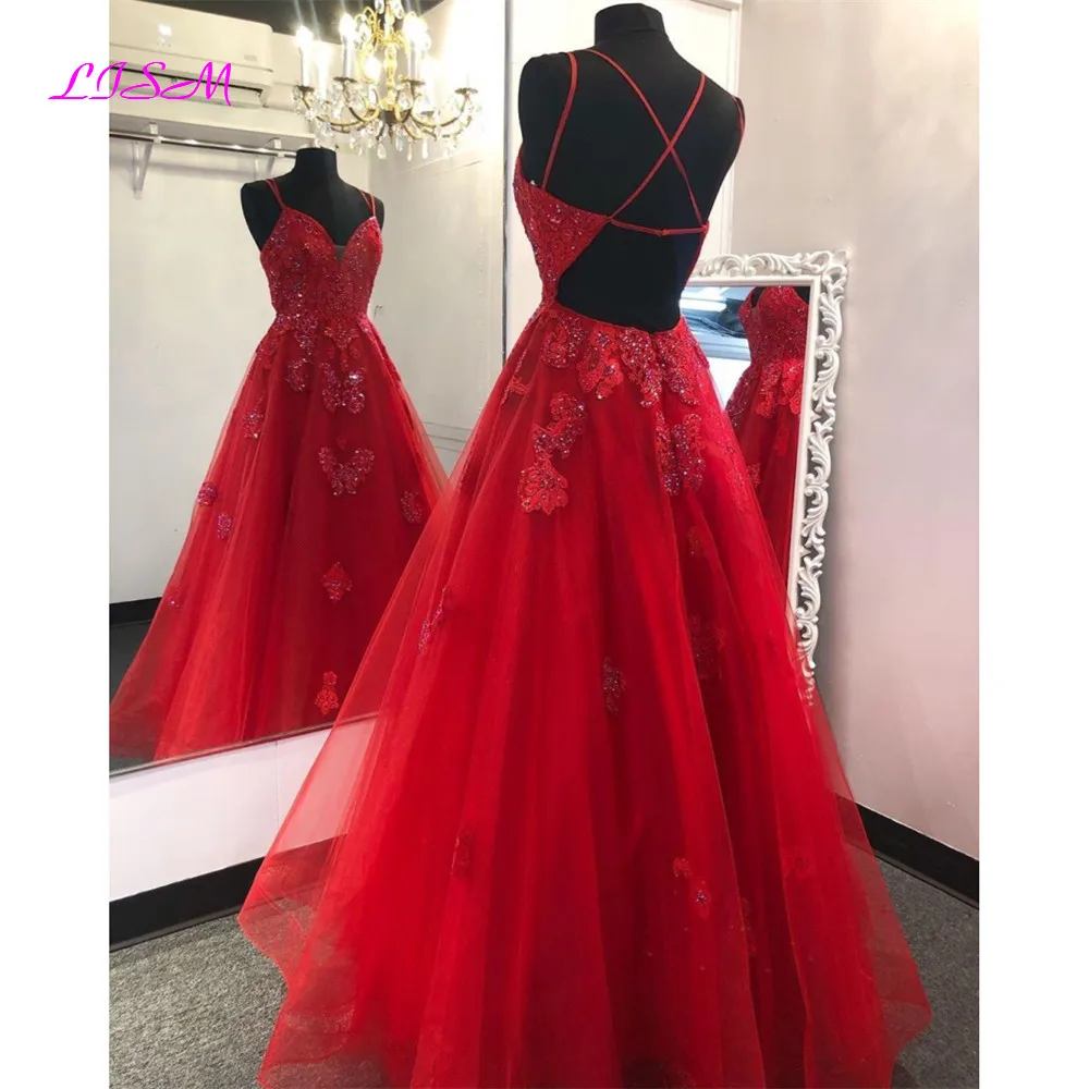 Red Tulle Prom Dresses vestidos de gala Sweetheart Straps Evening Dress Long Appliques Lace Backless Formal Party Gowns