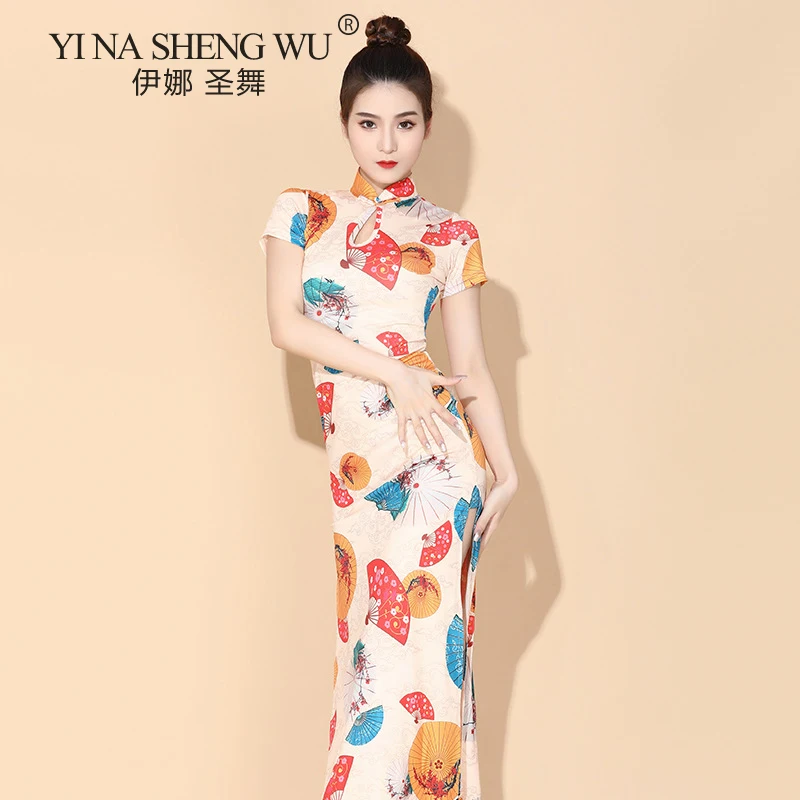 Classical Dance Cheongsam Light Weight Flowy Women Chinese Dance Gauze Long Dress Elegant Dancer Performance Practice Show Wear