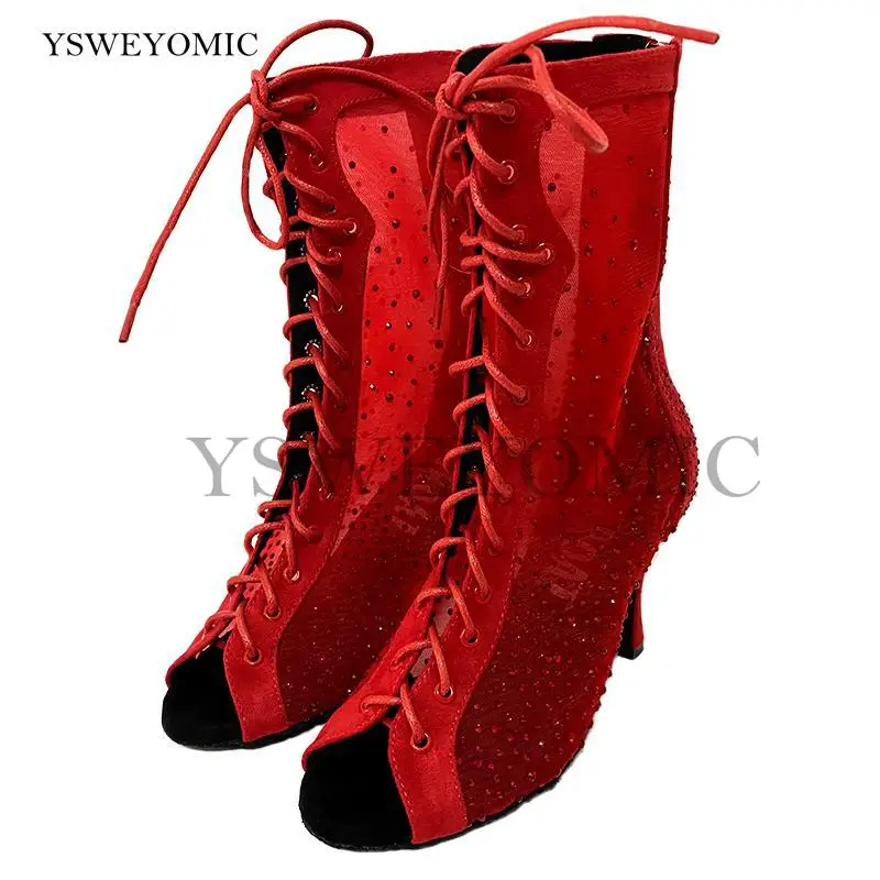 Red Rhinestones Dance Boots Strong Mesh Fashion Style Soft insole High Quality Practice Bachata Salsa Latin Dance Shoes Women