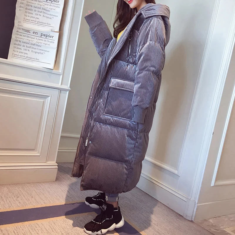 Corduroy Padded Cotton Jacket Coat Womens Winter Mid-length Thick Jacket New Korean Loose Down Parker Female Hooded Coat Fashion