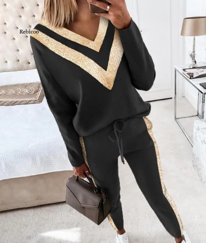 Women's 2 Pcs Sequins Long Sleeve Top Sweatshirt Drawstring Waist Pants Gym Set Home Clothes Tracksuit Sports Suits