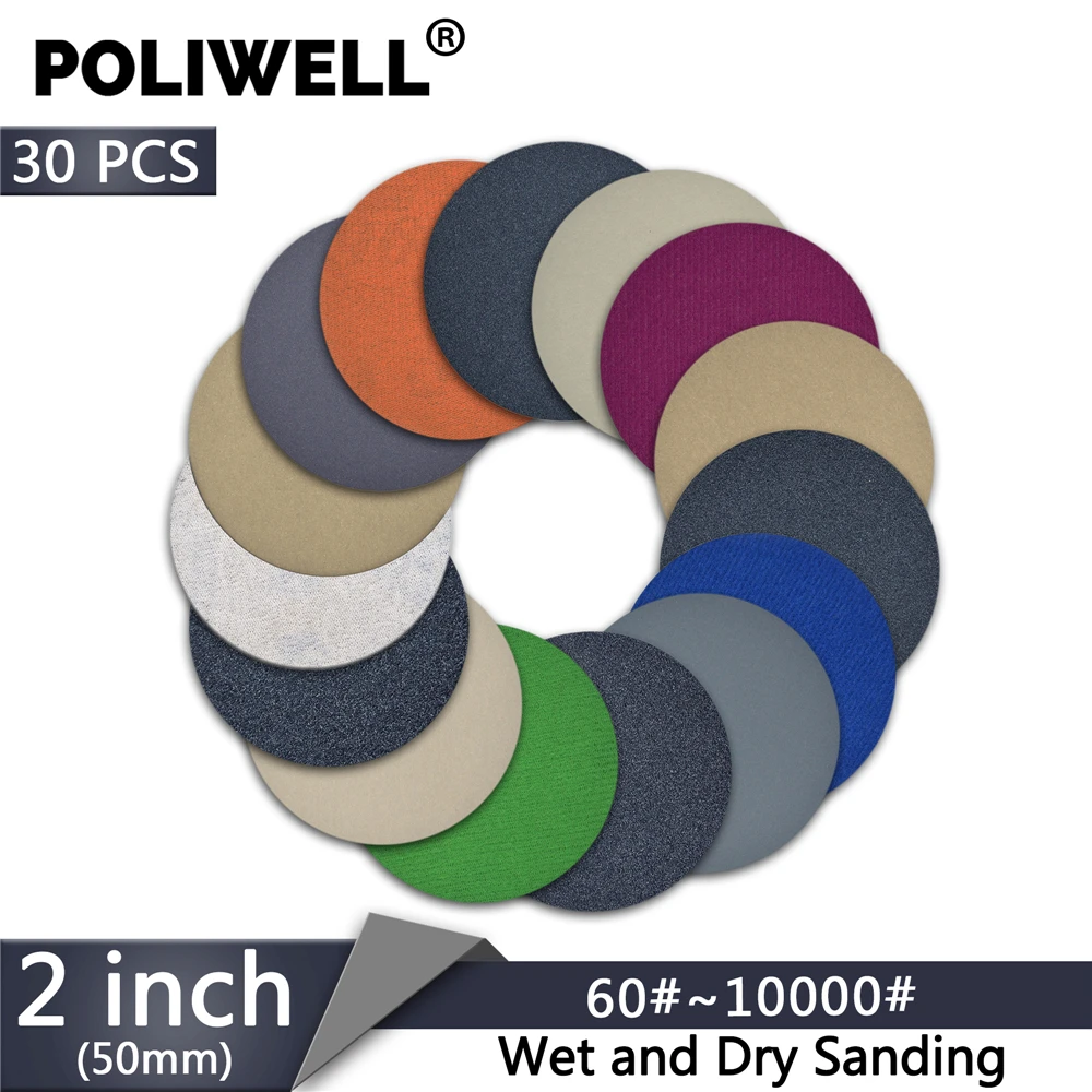 POLIWELL 30PCS 2 Inch 400 /3000/ 4000/ 10000 Grit Sanding Discs Hook&Loop Wet Dry Round Sandpaper for Wood Car Abrasive Tools