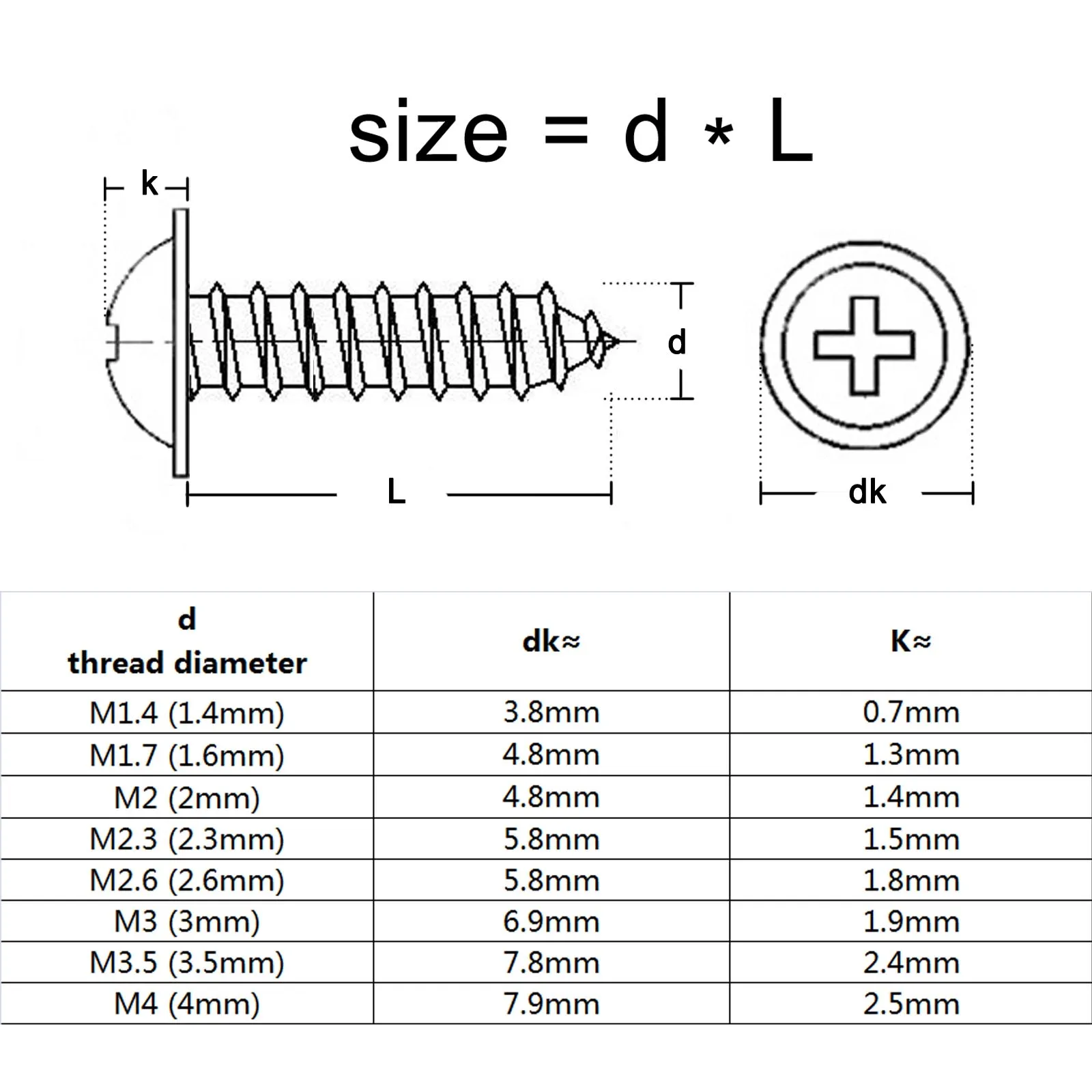 50ps M1.4 M1.7 M2 M2.6 M3 M4 304 Stainless Steel Cross Phillips Pan Round Head With Washer Collar Self Tapping Wood Screw DIN968