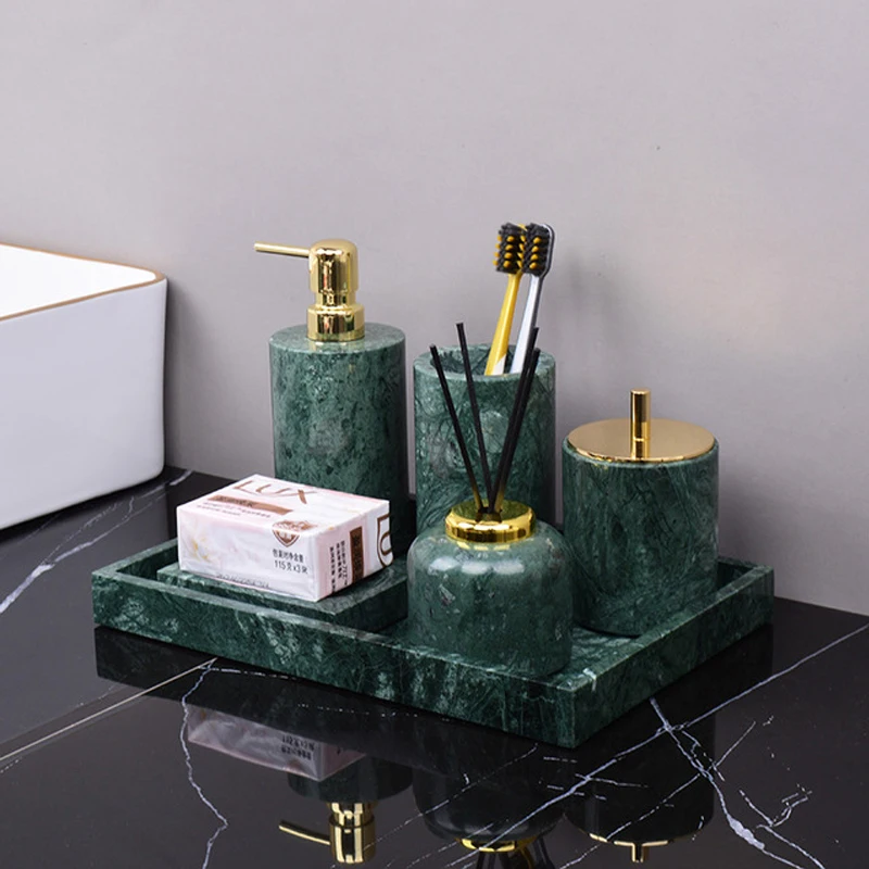 Dark Green Natural Marble Bathroom Set Nordic Style Light Luxury Tray Toothbrush Holder Soap Dispenser Kit Bathroom