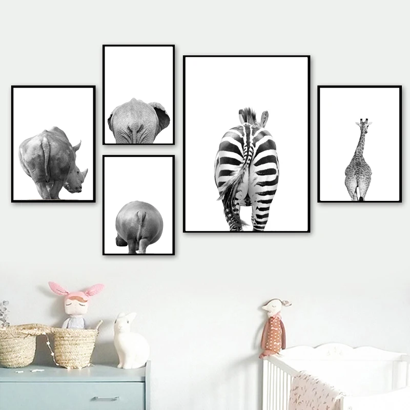 

Safari Animals Butt Black White Canvas Poster Bathroom Wall Art Pictures Elephant Giraffe Zebra Painting Prints Nursery Decor