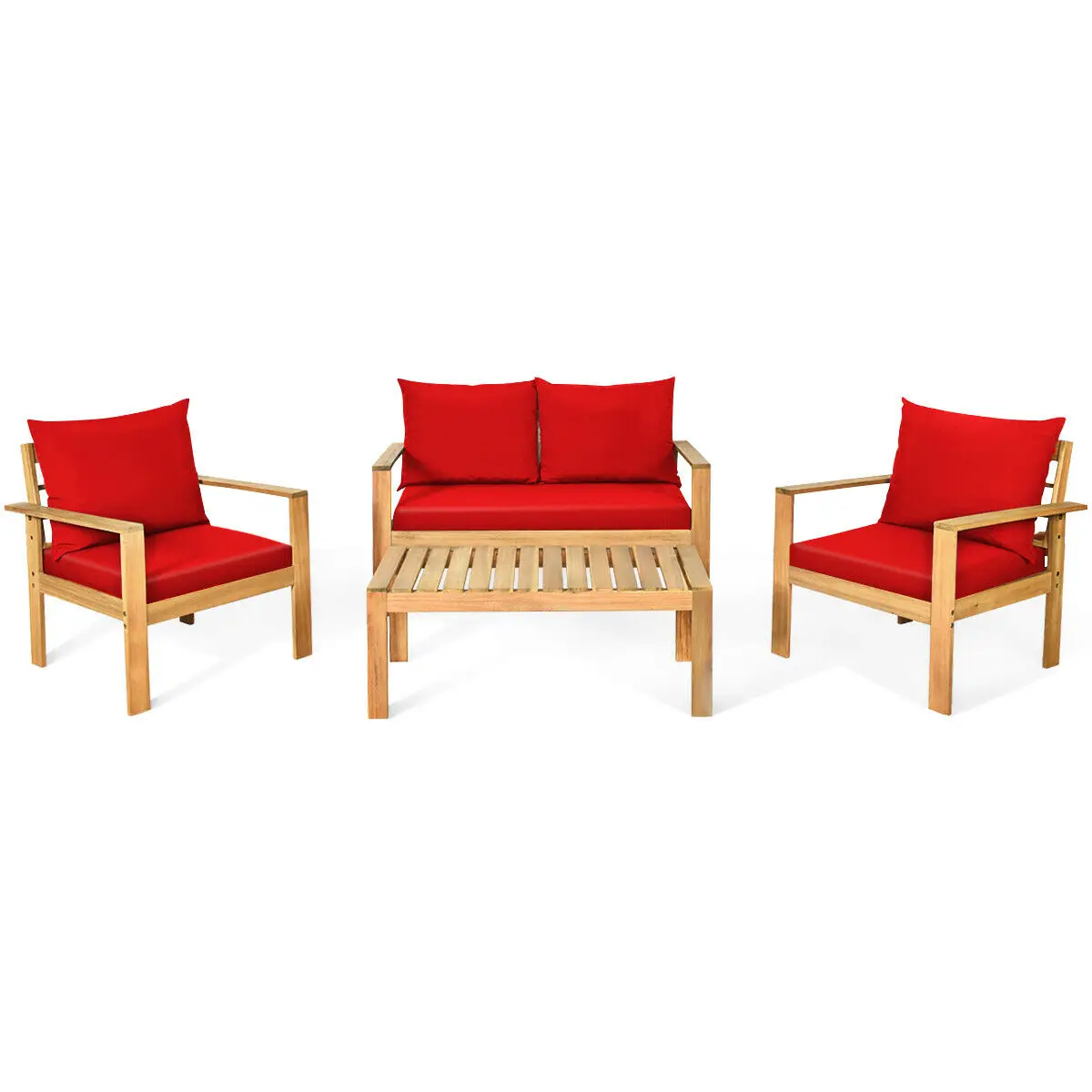 4PCS Patio Furniture Set Acacia Wood Thick Cushion Loveseat Sofa Red  HW64146RE+