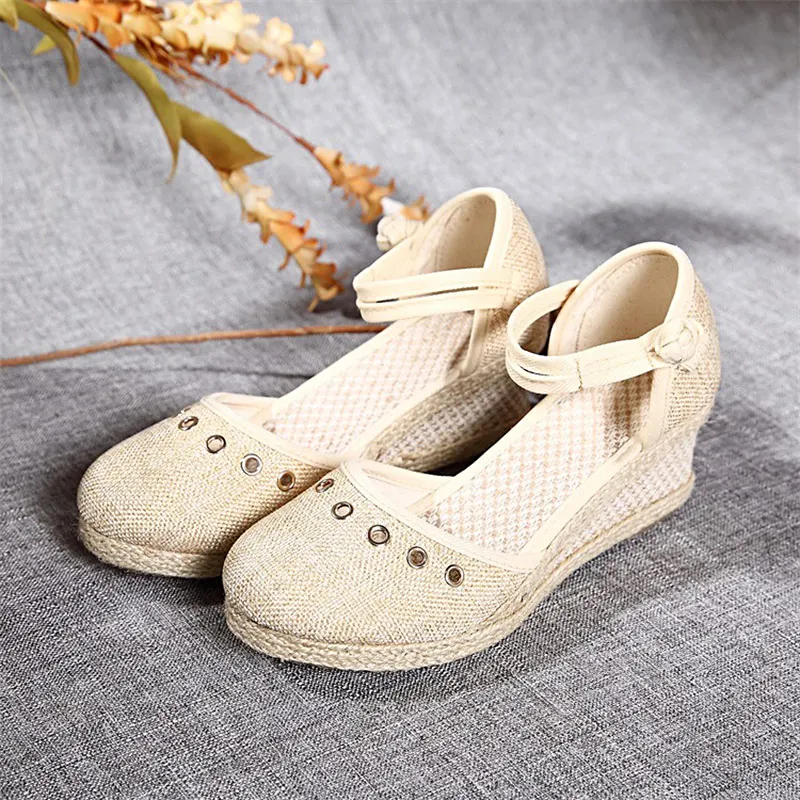 Veowalk Bohemian Summer Women Linen 6cm Wedge Espadrilles Sandals Handmade Ankle Strap Close Toe Ladies Casual Platform Shoes