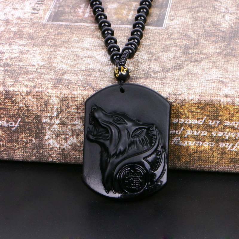 Hand Carved Natural Genuine Obsidian Howling Wolf Head Amulet Pendant Necklace