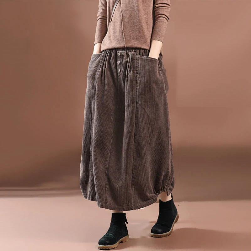 NINI WONDERLAND Autumn Classic Corduroy Skirt Women Vintage Long Skirts 2021 Spring Female Elastic Waist A-line Skirt Big Size