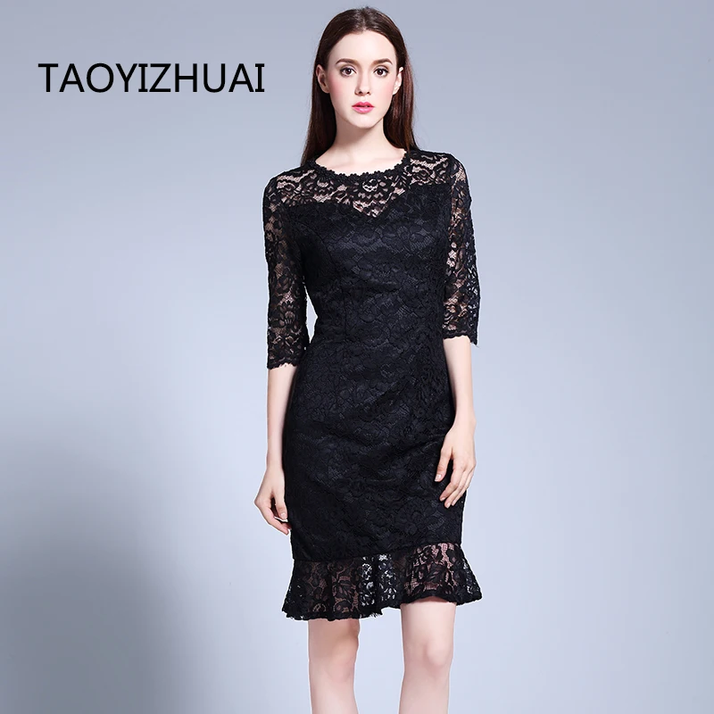 TAOYIZHUAI new arrvial casual style black lace dress plus size o neck loose waist  half sleeves hollow out  solid party 11506