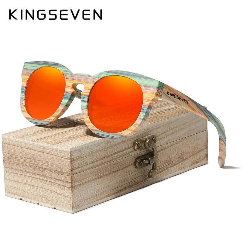 

KINGSEVEN Handmade Round Bamboo Sunglasses Men Women Polarized Mirror Lens Sun Glasses Full Frame Wood Shades Custom Logo