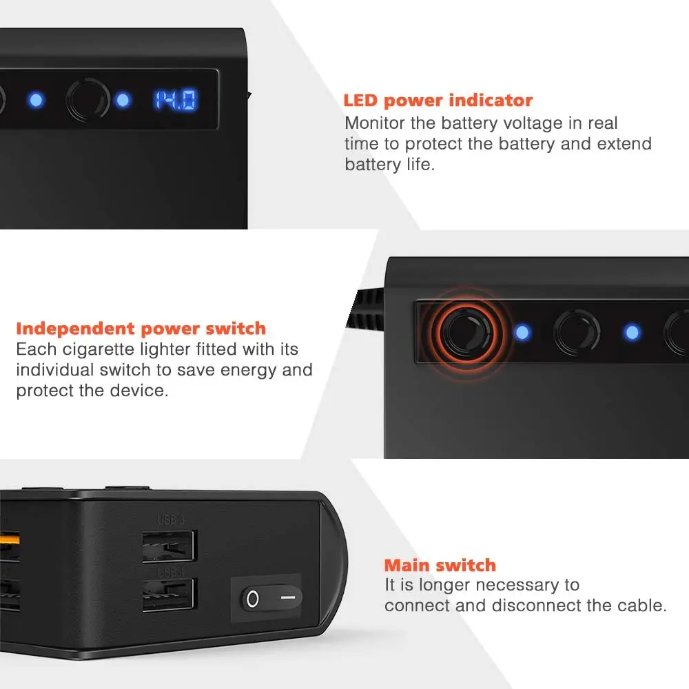 Quick Charge 3.0 Cigarette Lighter Splitter 12V/24V 3-Socket 180W ON-OFF DC Power Car Splitter with 4-Port USB Car Charger