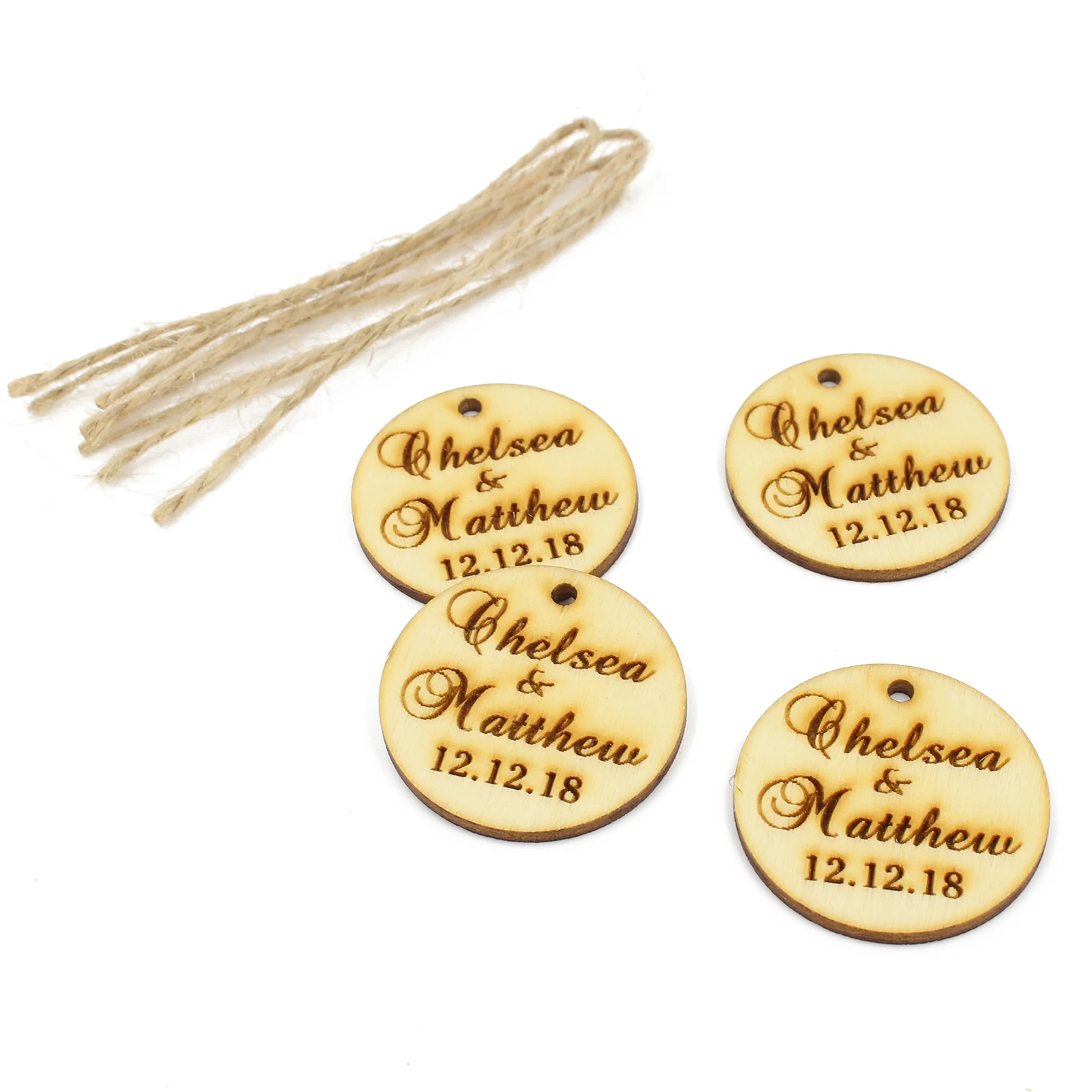 100 Pcs Personalized Country Wedding Wooden Round Vintage Wedding Decoration Name Custom Label With Rope Wine Decor Wine Label