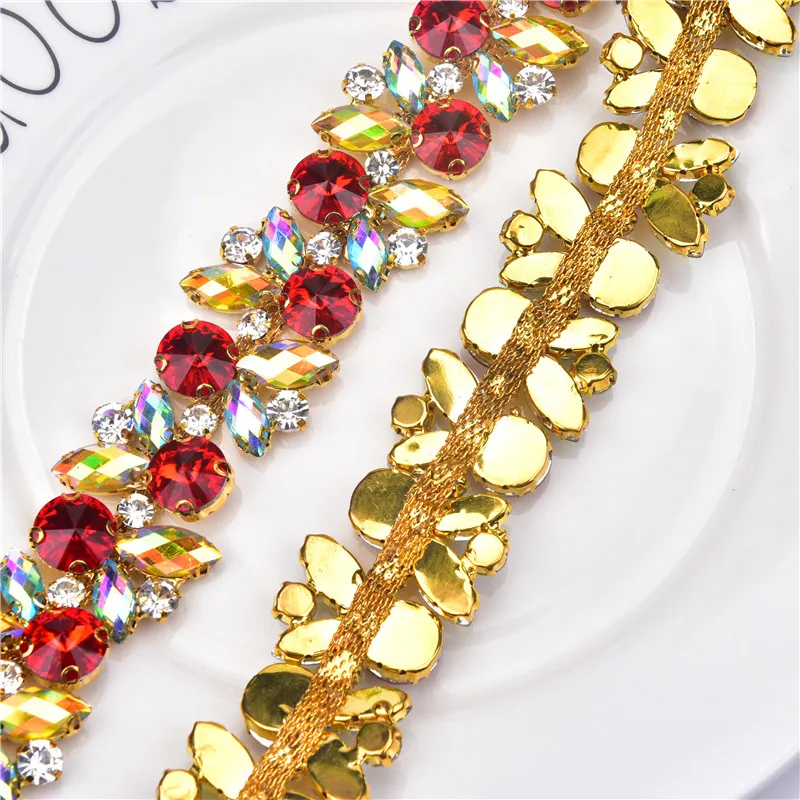 1 Yard Romantic Accessories Multicolor Glass Acrylic Rhinestone Chain Crystal Flower Trim Applique Sew Costume Shoes Diy Dresses