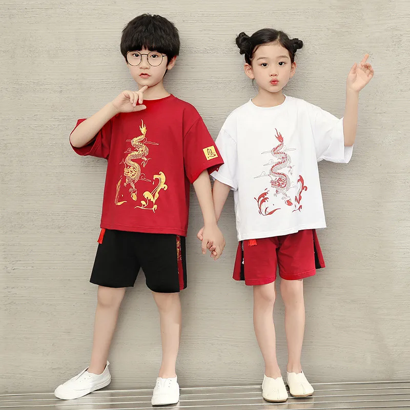 Chinese Style Hanfu Tang Suit Kids Boys Girls Tee Tops Pants Baby Children T-Shirt Shorts Oriental Clothing Set Asian Clothes