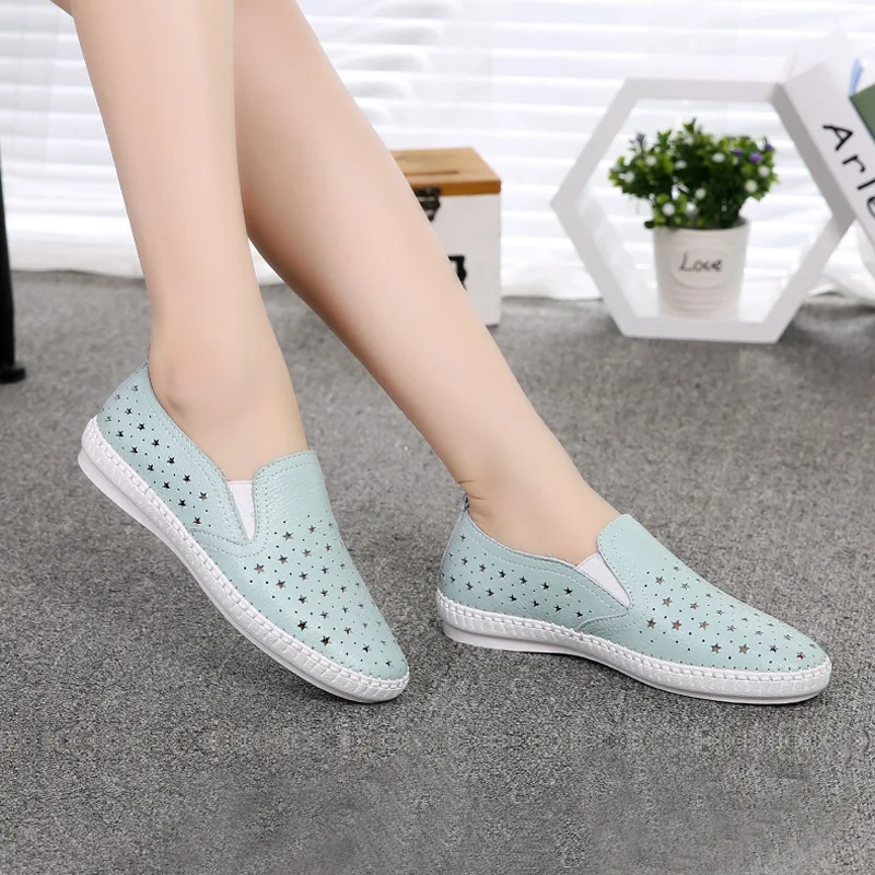 Spring Women Casual Flat Shoes Genuine Leather Ballet Flats Shoes Ladies Cut Out Slip On Brand Loafers Boat Shoes 56ty