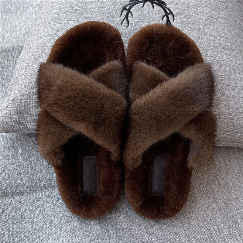 

2024 Fur Slides 100% Mink Slippers Luxury Ladies Mink House Slippers Summer Shoes For Women's Sandals