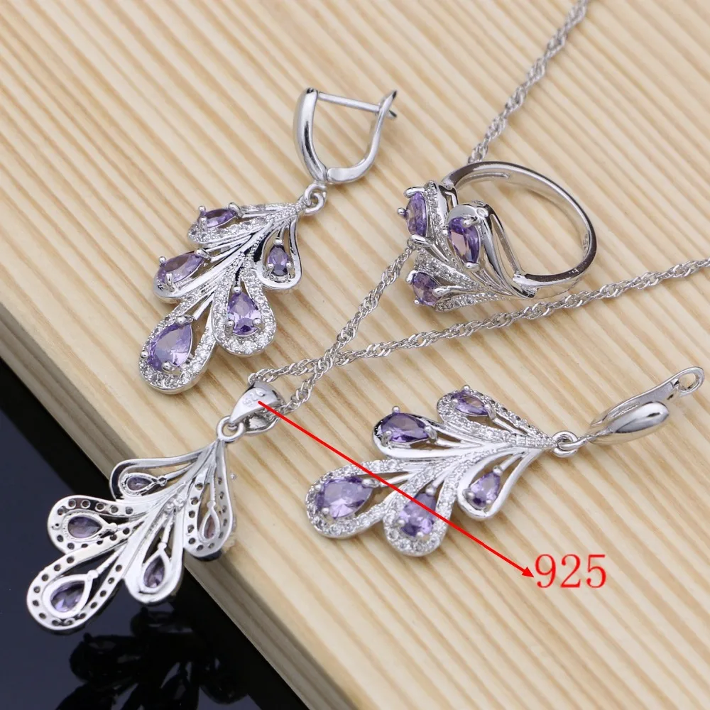Natural 925 Silver Bridal Jewelry Sets Purple CZ Costume Jewelry Kits For Women Earrings/Pendant/Rings/Bracelet/Necklace Set