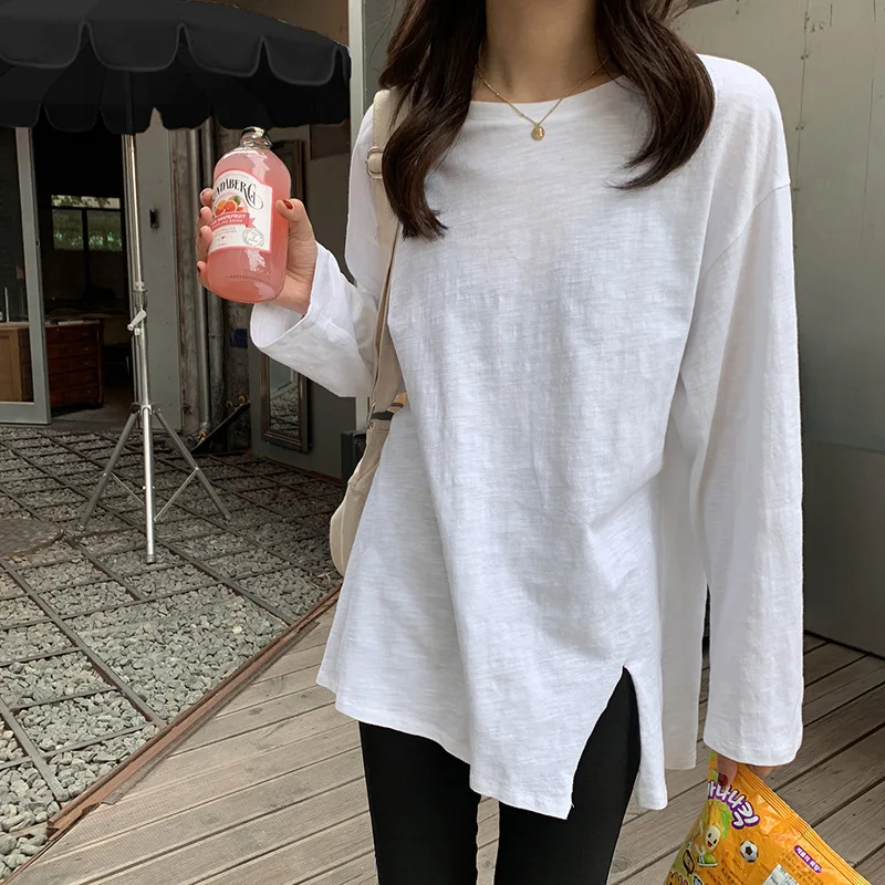 100% Cotton Women\'S Long Sleeve Top Casual Black White Open Side Oversized T-Shirt Fashion Korean Tee Shirt Streetwear Top