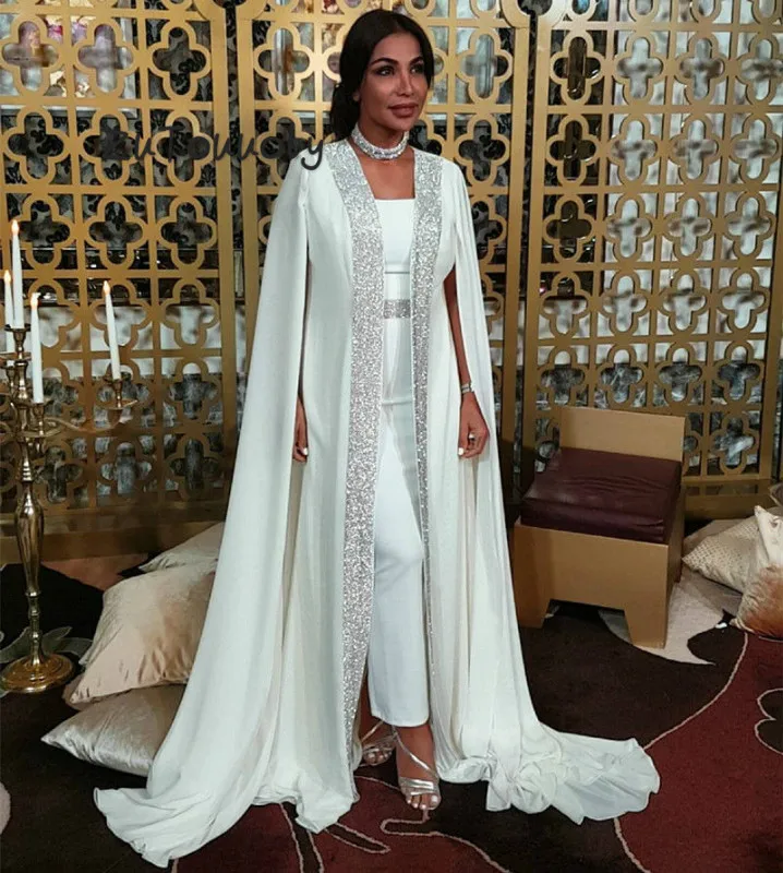 

Dubai Muslim Evening Dress White Sequin Moroccan Kaftan Cape Prom Gown Arabic Long Sleeve Banquet Dresses vestidos de noiva