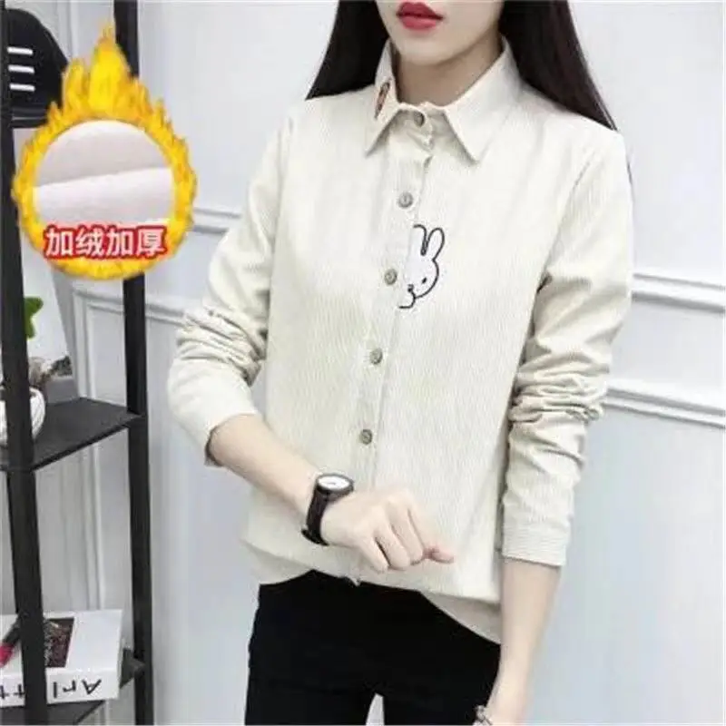 2024 neue Winter Frauen Dicke Fleece Shirt Weibliche Lange Hülse Streifen Stickerei Fleece Tops Casual Überprüfen Bluse Herbst Kleidung