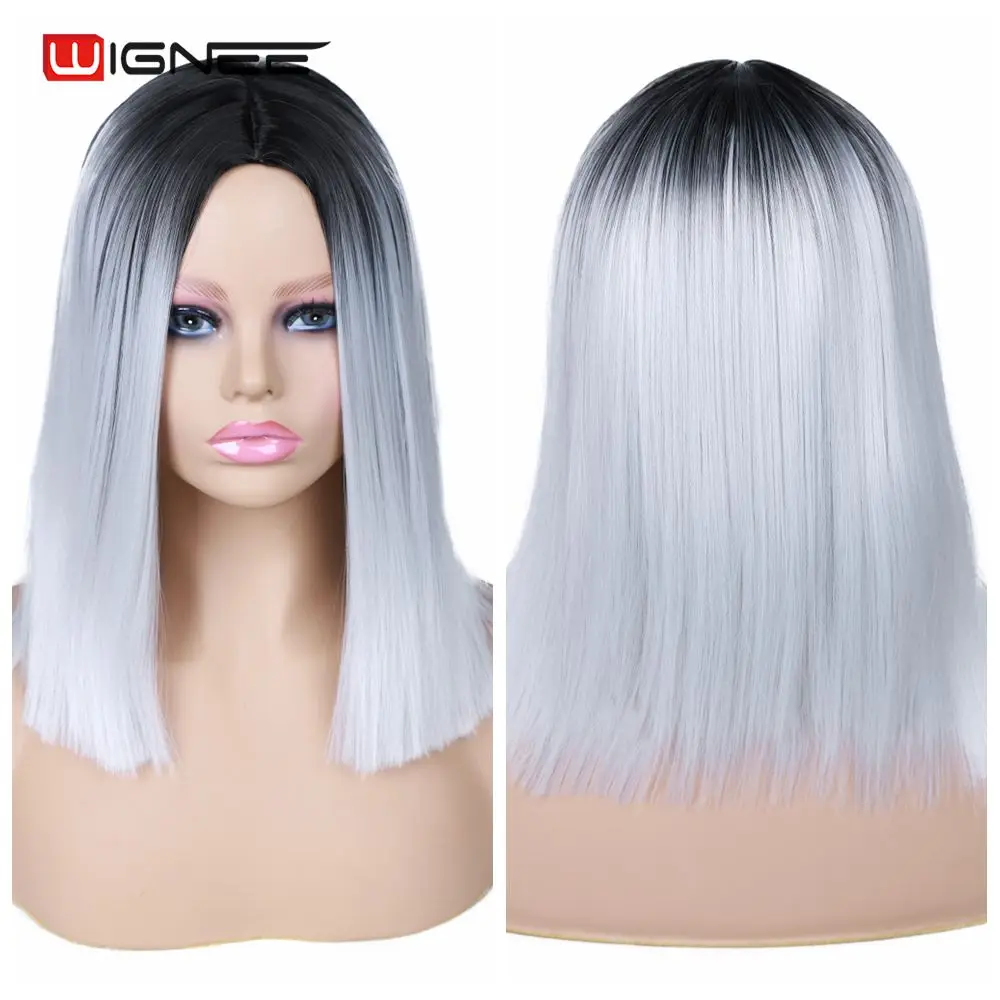 Wignee Synthetic Wig Cosplay Short Hair Wig For White Women Purple Light Gray Straight Wig High Temperature Fiber Daily Life