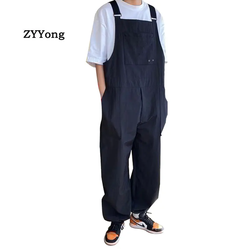 2020 Men's Jumpsuit Streetwear Joggers Rompers Solid Baggy Pockets Straight Pants Straps Stylish Suspenders Men Black Overalls