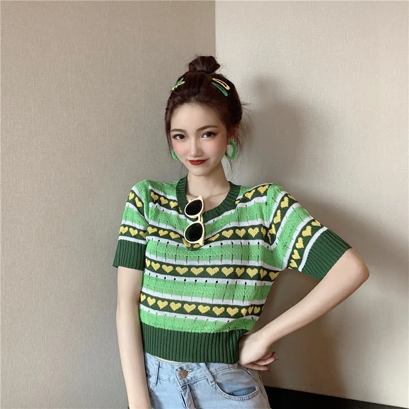 New Women Striped Short Sleeve Green Sweaters Shirts O-Neck Cropped Thin Hollow Out Sweater Pullover Crop Top For Female