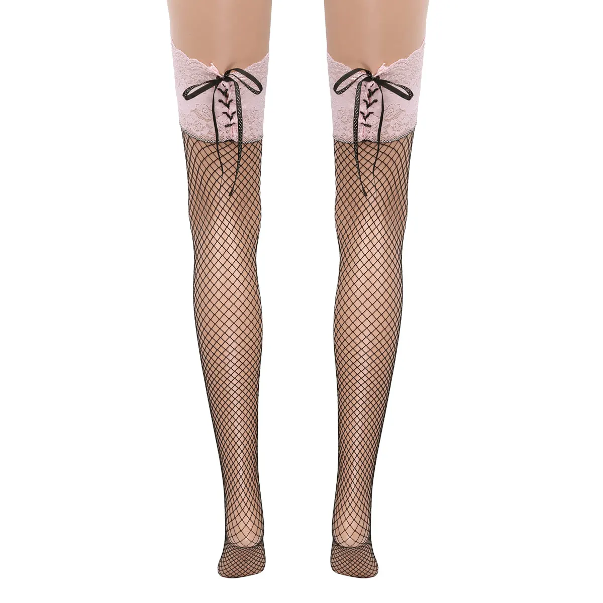 Fishnet Stocking Soft Stretchy Sheer/Fishnet Thigh-High Stockings Tall Hosiery with Vintage Lace-up Lace Top for Women Girls