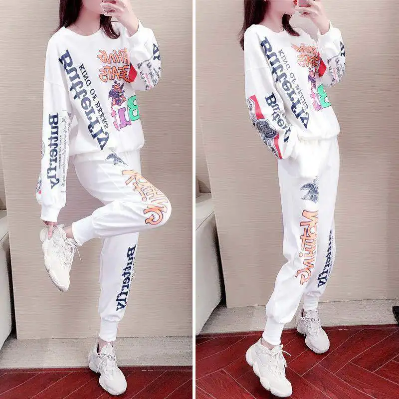 Letter Color Pants Sets Tracksuit Women Sweatsuit Spring New Female Students Hip Hop Fashion Youth Comfortable Breathable