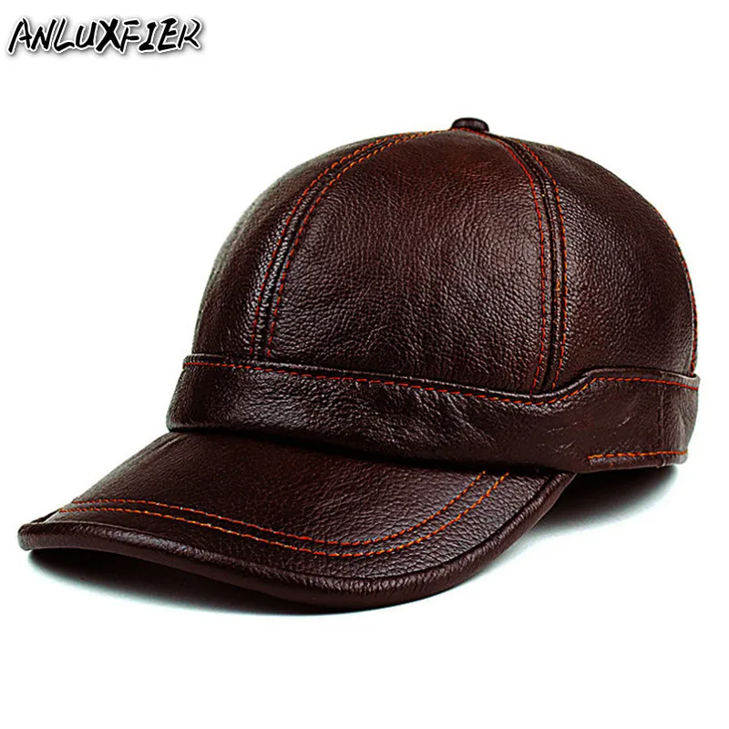 Adult New Genuine Leather Hat Men\'s Warm Genuine Leather Baseball Cap Male Winter Outdoor Ear Protection Cap Leather Hat B-8385