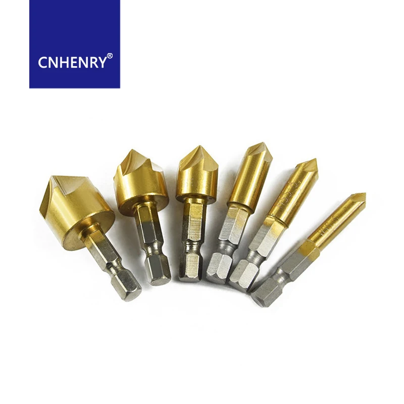 Countersink Drill Bit 6 Pcs 1/4 Hex Shank HSS 5 Flute Countersink 90 Degree Center Punch Chamfering Tools  6/8/9/12/16/19mm