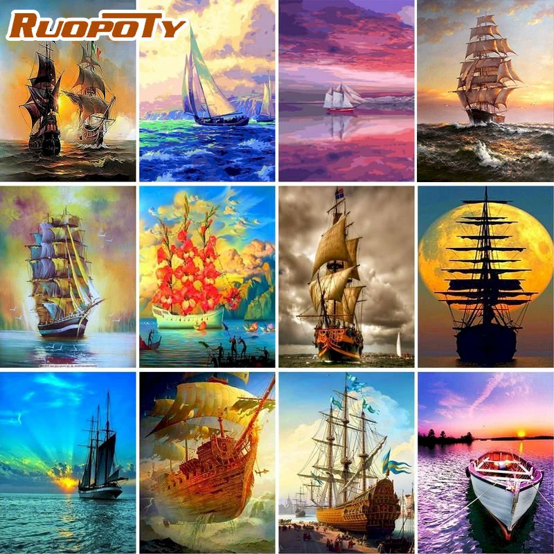 RUOPOTY DIY Painting By Numbers Kits Home Decor Sea Boat Landscape Oil Paint Artcraft Handmade Unique Gifts For Adults Kids