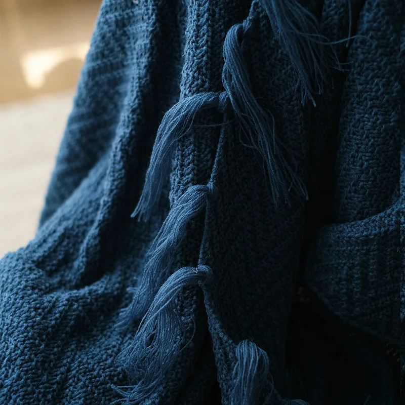 130X170CM Nordic Pure Color Knitted Blanket Blue Mustard Yellow Soft Tassel Sofa Blanket Rug Home Decoration Leisure Blankets
