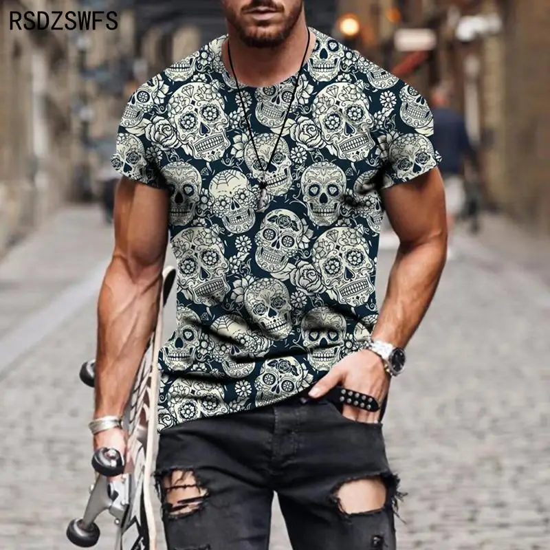 Summer 3D Printing T-shirt for Men Personality Skull Art Painting Trend Menswear Short Sleeves Casual Tshirt Tops Men Clothing