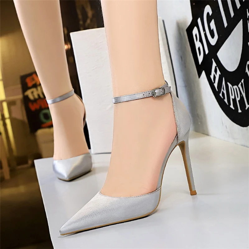 2023 Summer Elegant Women Silk Blue Green Heels Sandals 10cm Pencil High Heels Sandals Closed Toe Sandals Wedding Shoes Big Size