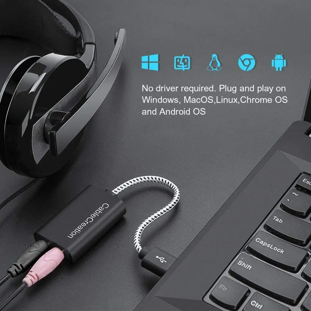 Adaptador de áudio usb, placa de som externa com 3.5mm, fone de ouvido e entrada para microfone, compatível com windows, mac, macos, linux, ps4