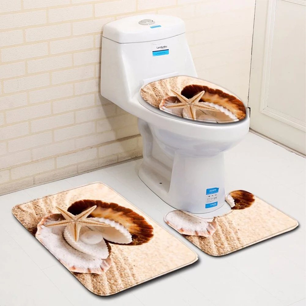 3pcs Set Toilet Seat Cover Bathroom Rug Absorbent Door Rugs Home Decoration Carpet 3D Printing Flannel Rug Non-Slip