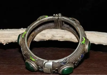 

Bracelet de chine ancien cloisonné tibétain | En argent, incrusté, avec bracelet en jadeite et greenstone