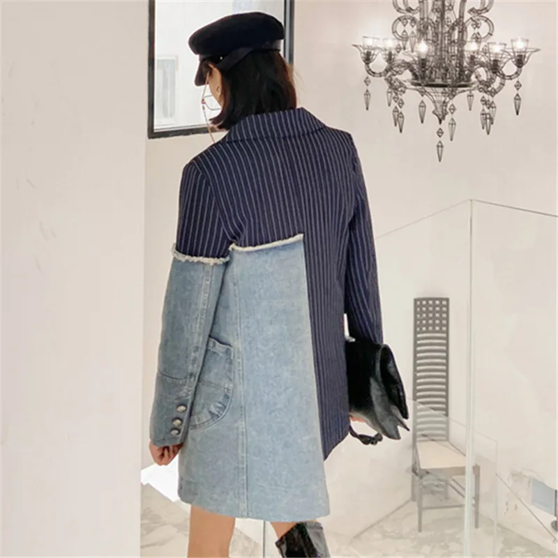 Streetwear Women Stripe Blazers Coat Denim Patchwork Single Breasted Suit Coat Lady Asymmetry Stylish Blazer Jacket High quality