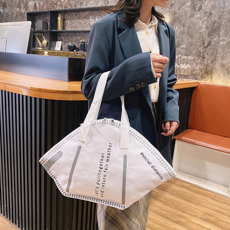 

New Fashion Women Large Mask Shopping Bag Canvas Shoulder Bag Home Storage Bag Luxury Handbag Tote Bag