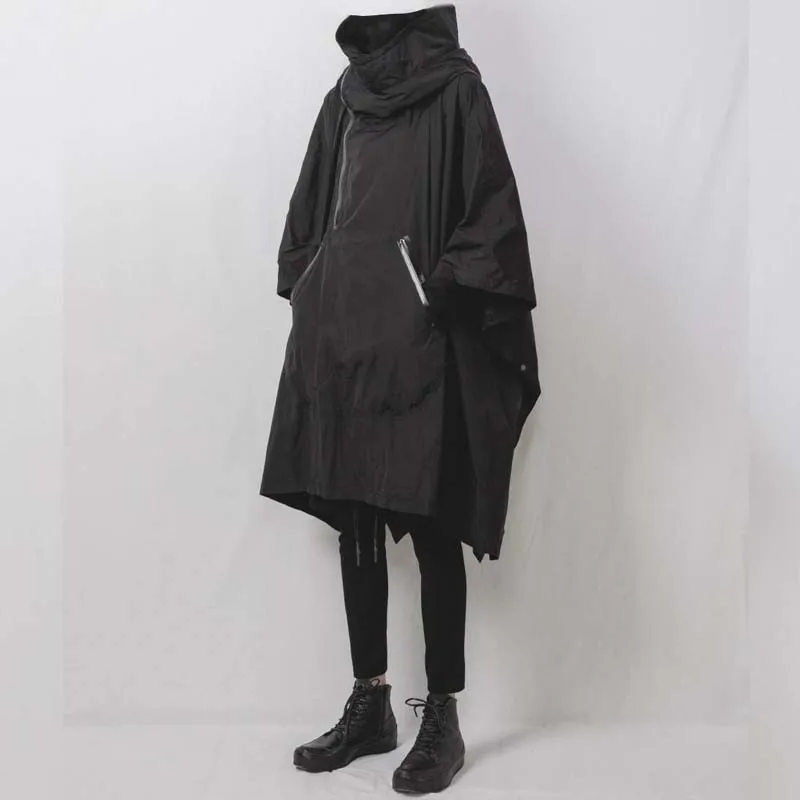 Preto gótico dos homens midi longo manto blusão batwing manga solta ajuste manto trench coat zíper gola harajuku manteau